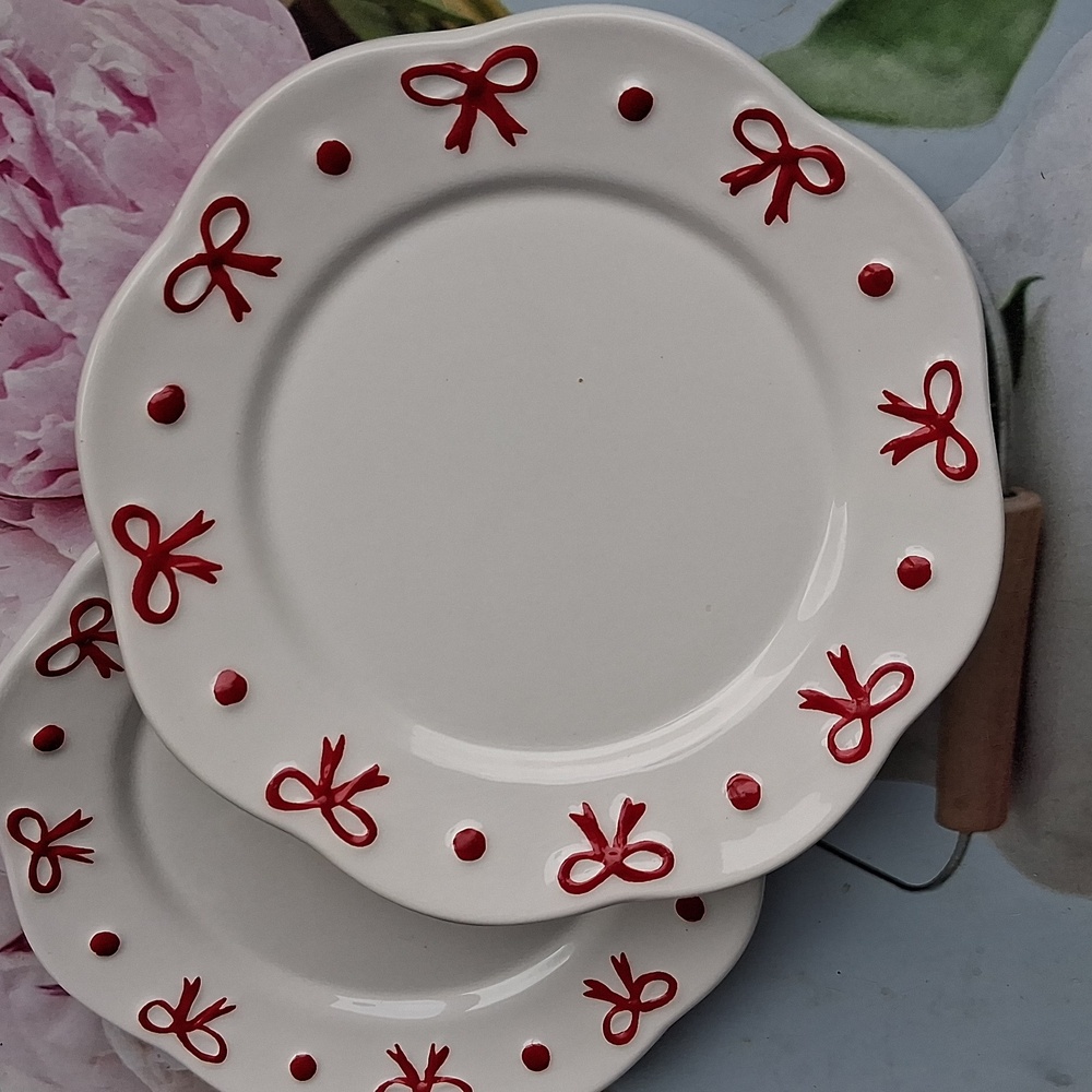 Festive Red and White Bow set of  2 Mini Plates